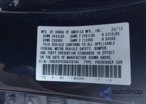 2013 Honda Accord Ex-L V-6 из США, поврежденный, VIN 1HGCR3F83DA036784